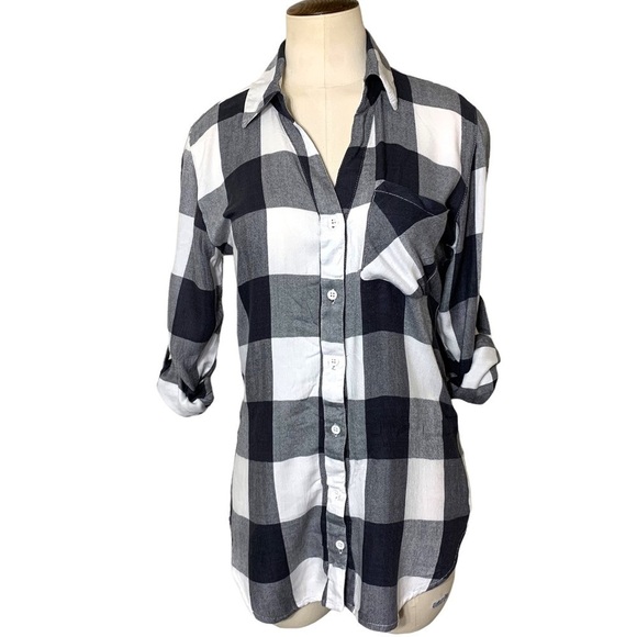 𝅺Pentagone Plaid Shirt Sz XS Black White Long Sleeve Button up Checkered Top - Picture 2 of 11